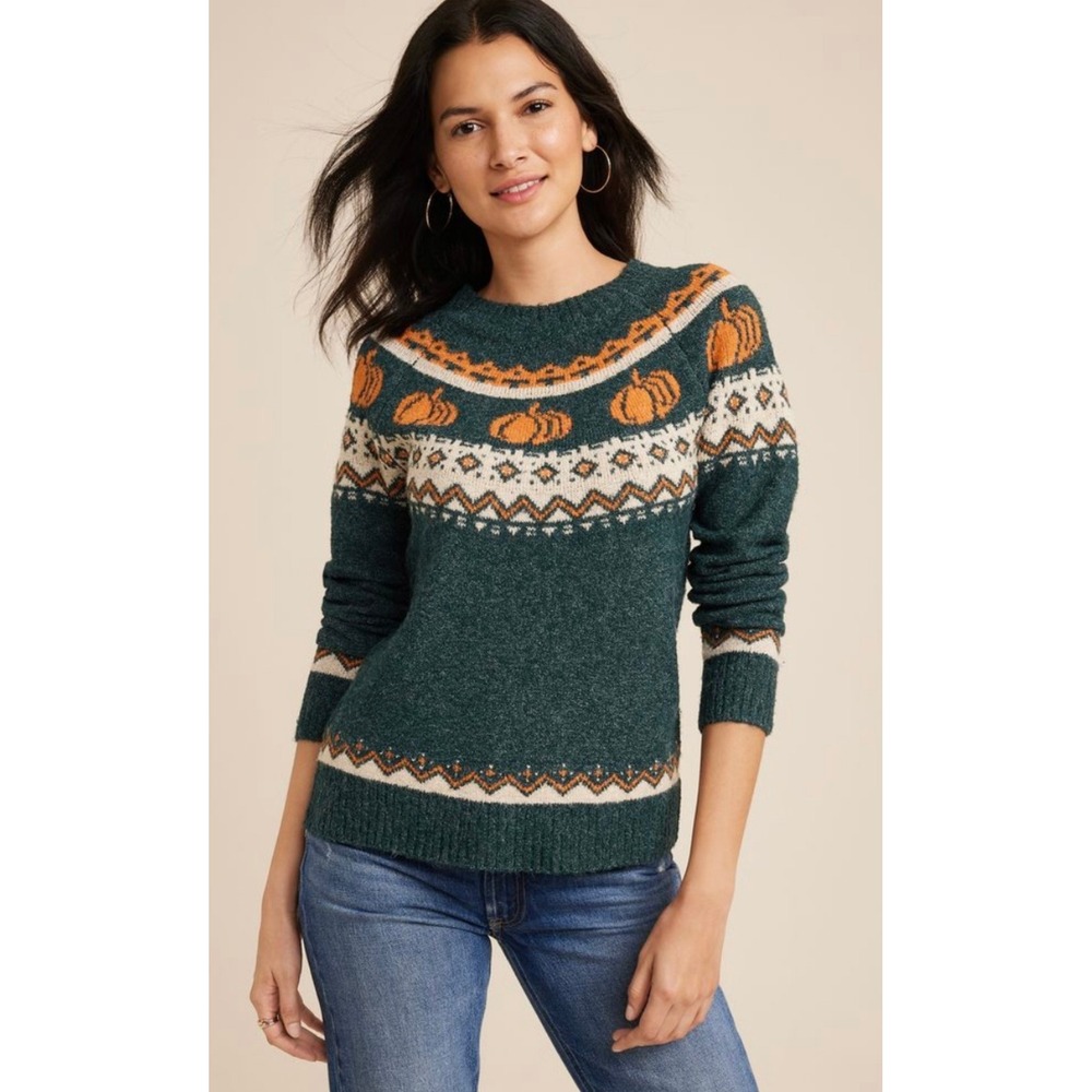 Maurices Womens Pumpkin Fair Isle Sweater Green Orange Halloween Fall Medium